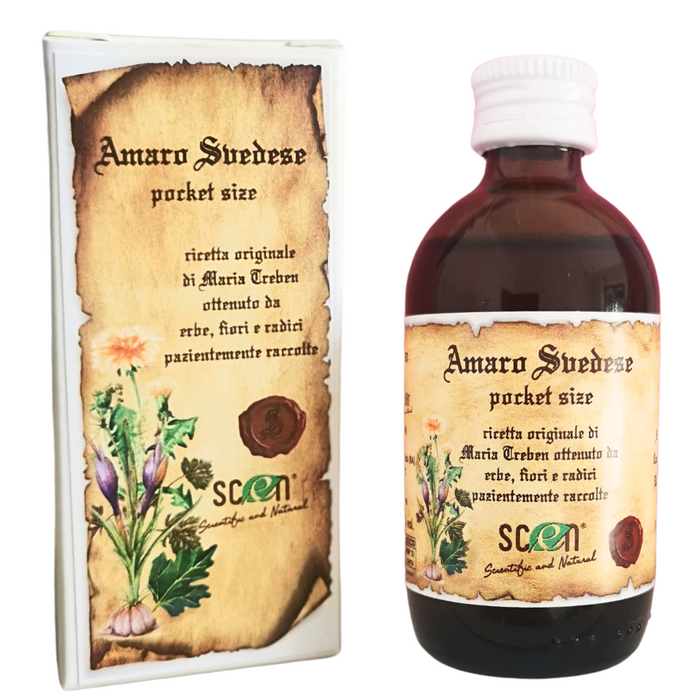 Amaro Svedese ricetta originale Maria Treben 50 ml Pocket size 50 ml pratico da portarsi dietro in viaggio, al ristorante, in vacanza - Scen