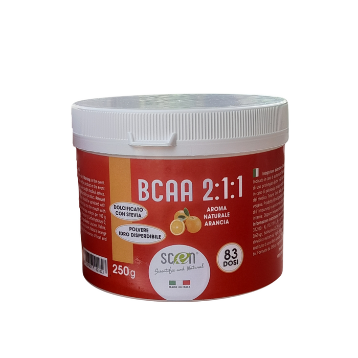 Scen BCAA 250 gr. polvere, aroma arancia, dolcificati stevia, idrodisperdibili, adatto anche a VEGANI, gusto Arancia