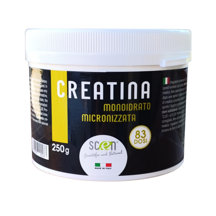 Scen Creatina 250 gr. polvere micronizzata, Energia per Muscoli e Mente, adatta anche per vegani