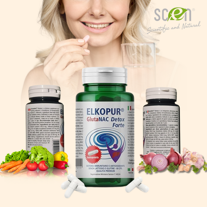 Elkopur® GlutaNAC Detox Forte - Integratore alimentare di L-Glutatione ridotto, N-Acetilcisteina (NAC), Vitamina E, Selenio, L-Glicina in Capsule gastroresistenti vegetali, prodotto in Italia