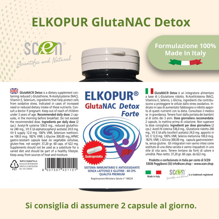 Elkopur® GlutaNAC Detox Forte - Integratore alimentare di L-Glutatione ridotto, N-Acetilcisteina (NAC), Vitamina E, Selenio, L-Glicina in Capsule gastroresistenti vegetali, prodotto in Italia