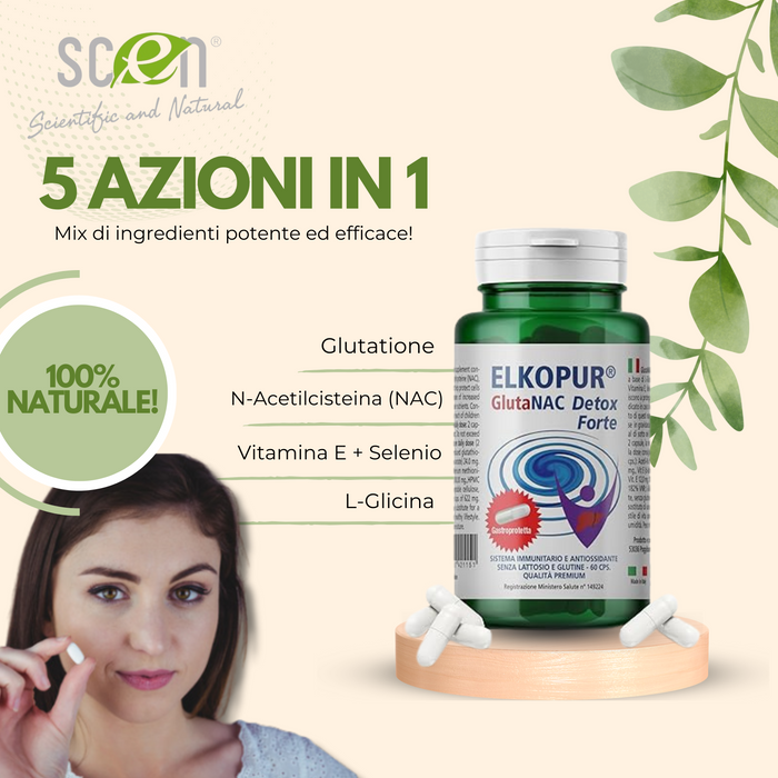 Elkopur® GlutaNAC Detox Forte - Integratore alimentare di L-Glutatione ridotto, N-Acetilcisteina (NAC), Vitamina E, Selenio, L-Glicina in Capsule gastroresistenti vegetali, prodotto in Italia