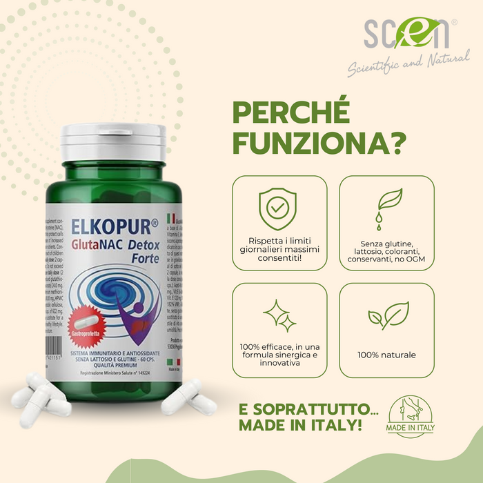 Elkopur® GlutaNAC Detox Forte - Integratore alimentare di L-Glutatione ridotto, N-Acetilcisteina (NAC), Vitamina E, Selenio, L-Glicina in Capsule gastroresistenti vegetali, prodotto in Italia