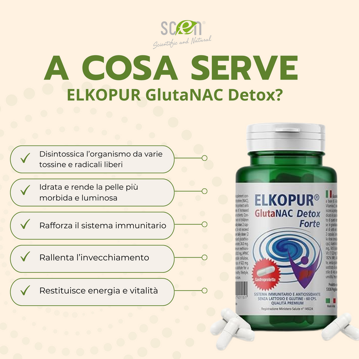 Elkopur® GlutaNAC Detox Forte - Integratore alimentare di L-Glutatione ridotto, N-Acetilcisteina (NAC), Vitamina E, Selenio, L-Glicina in Capsule gastroresistenti vegetali, prodotto in Italia