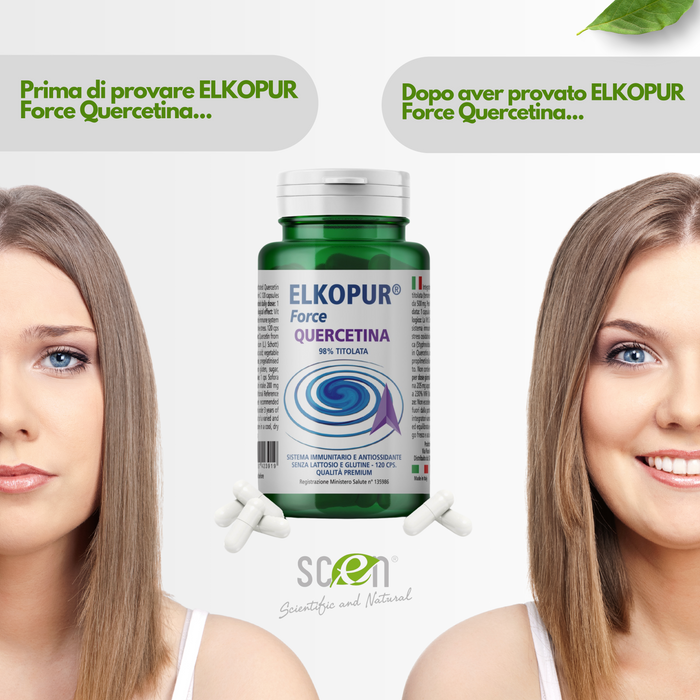 Elkopur Force Quercetina pura, 120 capsule da 500 mg. con 200 mg. di Quercetina titolata 98% in Quercetina, Vegetarian e Vegan ok, Rinforza il sistema immunitario, Antiossidante, prodotto in Italia