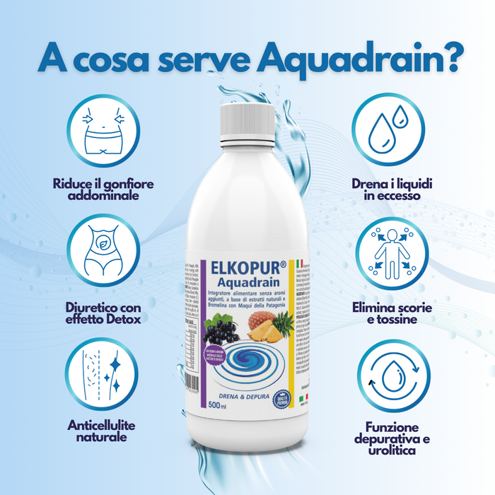 Elkopur® Aquadrain, è un prodotto depurativo, ad azione drenante che aiuta ad eliminare i liquidi in eccesso, migliorare il microcircolo venoso, ridurre gonfiore e senso di pesantezza