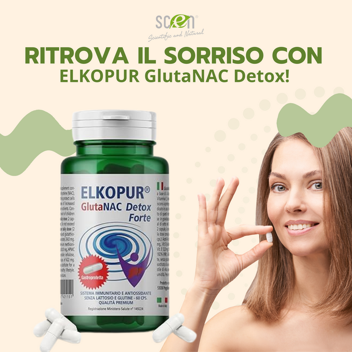 Elkopur® GlutaNAC Detox Forte - Integratore alimentare di L-Glutatione ridotto, N-Acetilcisteina (NAC), Vitamina E, Selenio, L-Glicina in Capsule gastroresistenti vegetali, prodotto in Italia