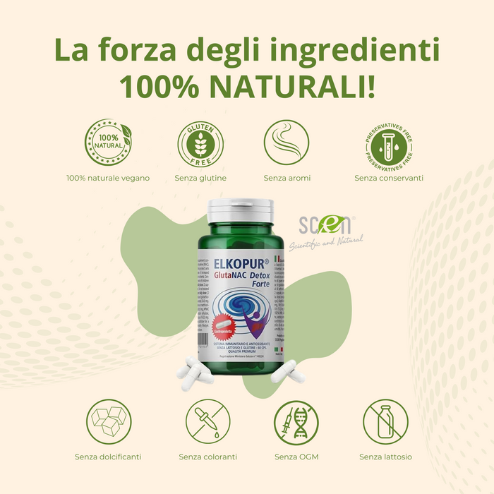 Elkopur® GlutaNAC Detox Forte - Integratore alimentare di L-Glutatione ridotto, N-Acetilcisteina (NAC), Vitamina E, Selenio, L-Glicina in Capsule gastroresistenti vegetali, prodotto in Italia