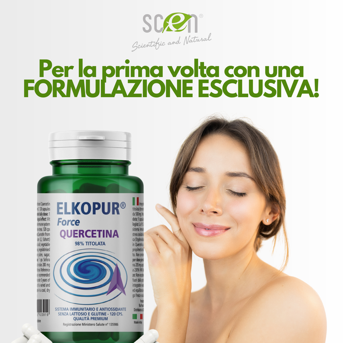 Elkopur Force Quercetina pura, 120 capsule da 500 mg. con 200 mg. di Quercetina titolata 98% in Quercetina, Vegetarian e Vegan ok, Rinforza il sistema immunitario, Antiossidante, prodotto in Italia