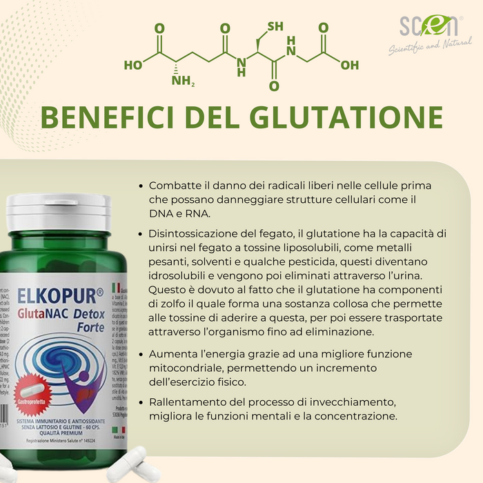 Elkopur® GlutaNAC Detox Forte - Integratore alimentare di L-Glutatione ridotto, N-Acetilcisteina (NAC), Vitamina E, Selenio, L-Glicina in Capsule gastroresistenti vegetali, prodotto in Italia