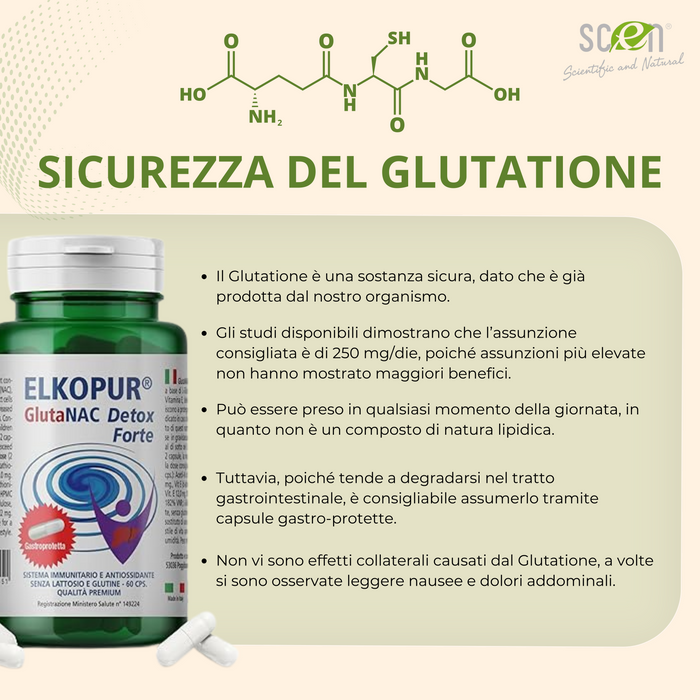 Elkopur® GlutaNAC Detox Forte - Integratore alimentare di L-Glutatione ridotto, N-Acetilcisteina (NAC), Vitamina E, Selenio, L-Glicina in Capsule gastroresistenti vegetali, prodotto in Italia