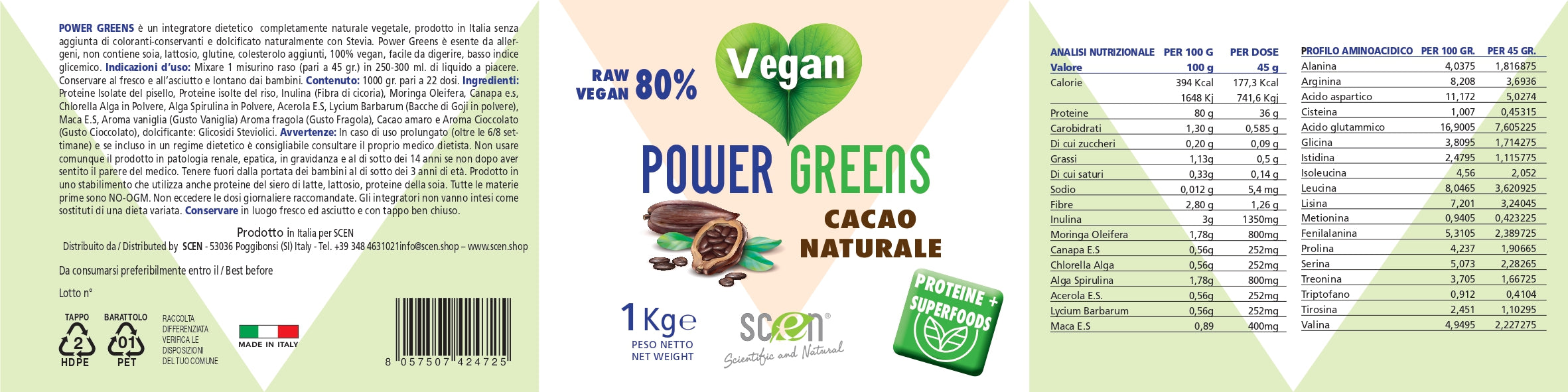 Power Greens - proteine vegetali + Superfoods - Gusto cioccolato - 1000 gr.