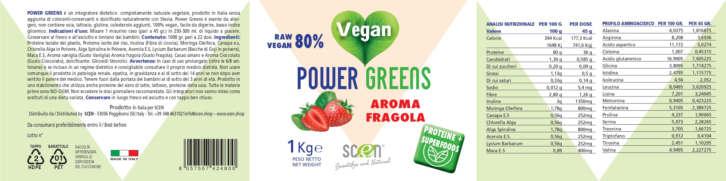 Power Greens - proteine vegetali + Superfoods - Gusto fragola - 1000 gr.