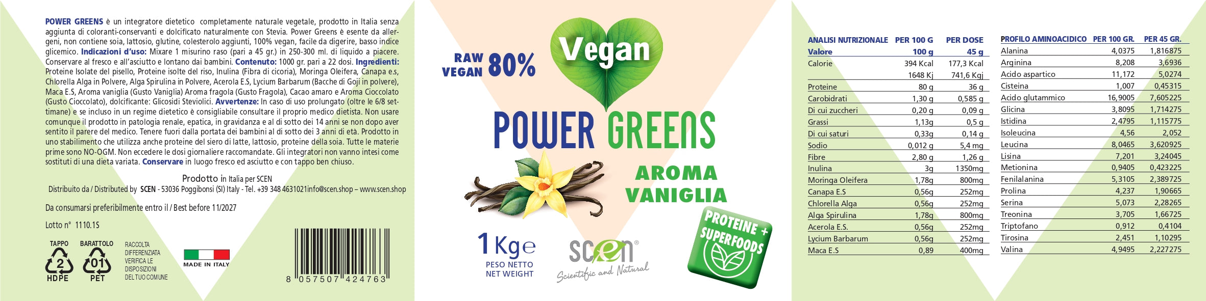 Power Greens - proteine vegetali + Superfoods - Gusto vaniglia - 1000 gr.