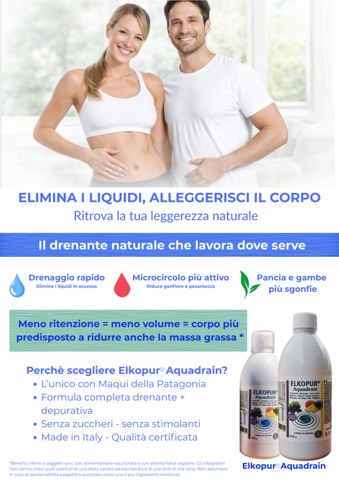 Elkopur® Aquadrain, è un prodotto depurativo, ad azione drenante che aiuta ad eliminare i liquidi in eccesso, migliorare il microcircolo venoso, ridurre gonfiore e senso di pesantezza