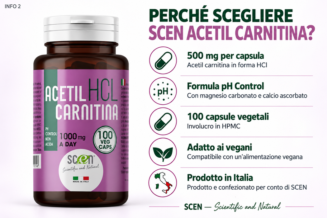 SCEN ACETILCARNITINA - HCL - 100 vegi-caps. da 500 mg. adatto anche a VEGANI