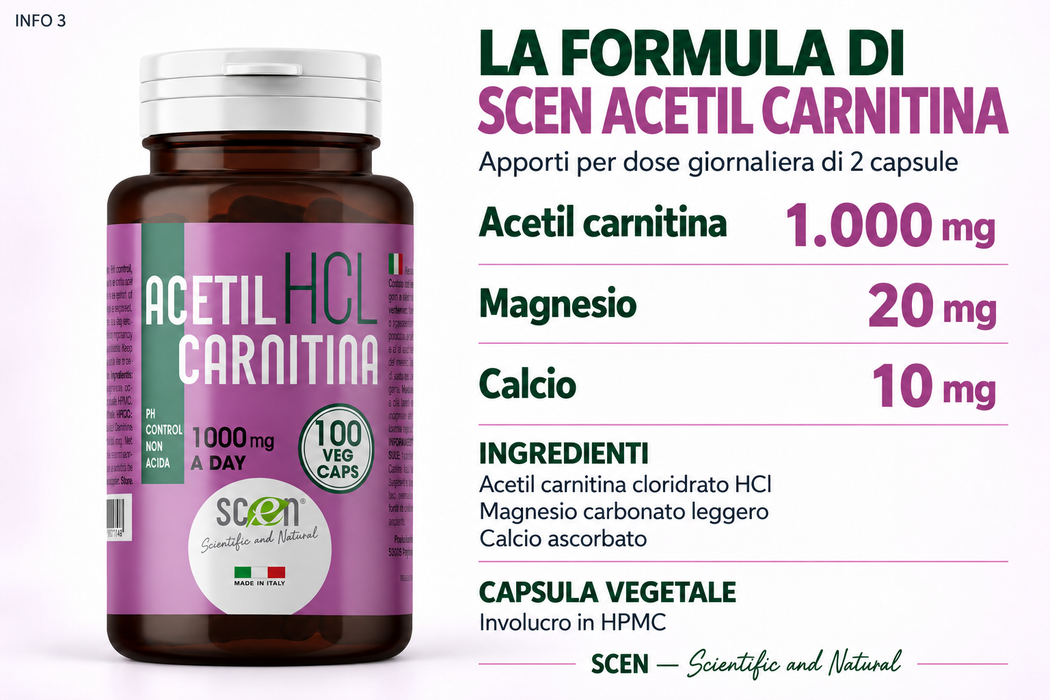 SCEN ACETILCARNITINA - HCL - 100 vegi-caps. da 500 mg. adatto anche a VEGANI