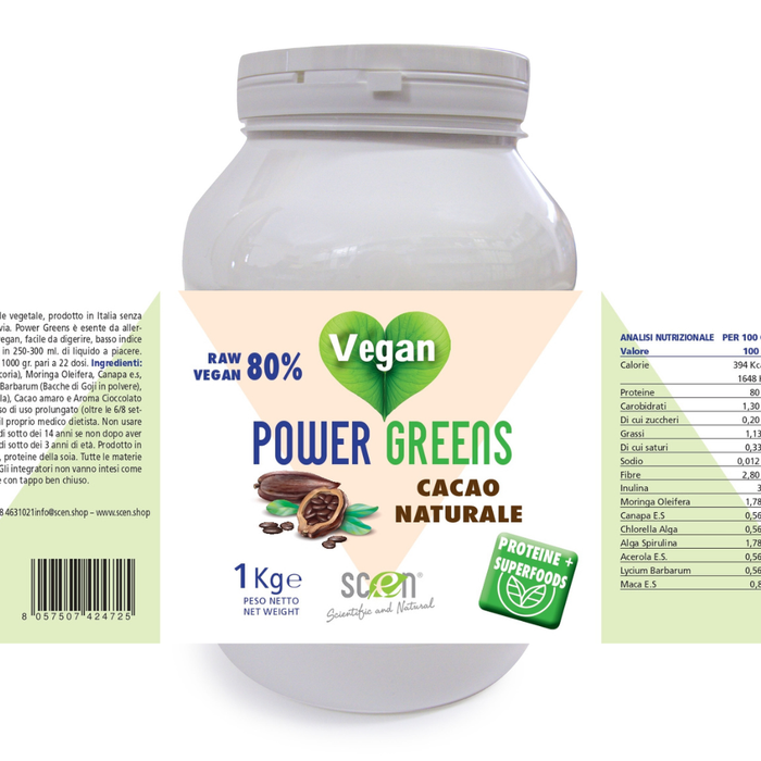 Power Greens - proteine vegetali + Superfoods - Gusto cioccolato - 1000 gr.