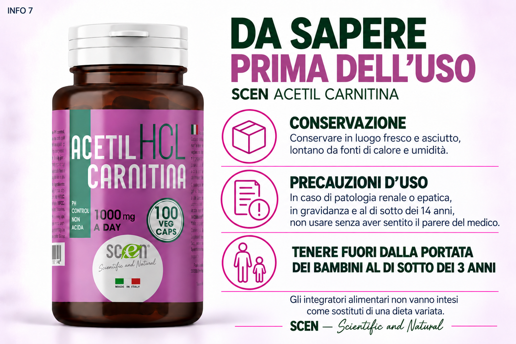 SCEN ACETILCARNITINA - HCL - 100 vegi-caps. da 500 mg. adatto anche a VEGANI