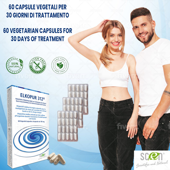 Elkopur 312 - Zeolite pura attivata - 60 capsule - 30 giorni di trattamento detox, Dispositivo medico classe 2a, Fiscalmente detraibile