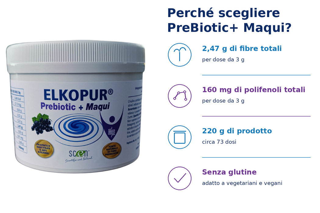 Elkopur PreBiotic + Maqui - integratore alimentare di Inulina polvere da cicoria con Maqui estratto, 220 grammi