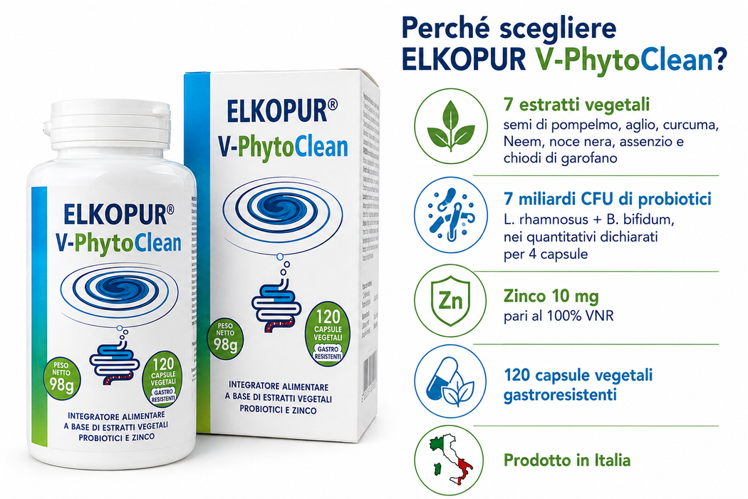 Elkopur V‑PhytoClean – Depurazione Intestinale Avanzata | Estratti Vegetali + Probiotici + Zinco