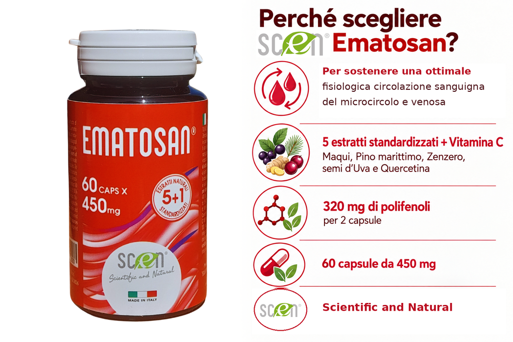 Ematosan - Scen - estratti NATURALI utili per favorire una ottimale circolazione sanguigna del microcircolo e venosa ed il supporto alla salute cardiovascolare