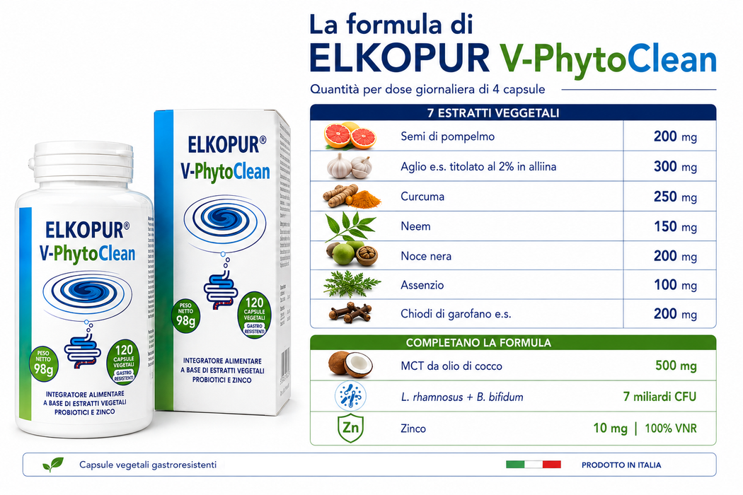 Elkopur V‑PhytoClean – Depurazione Intestinale Avanzata | Estratti Vegetali + Probiotici + Zinco