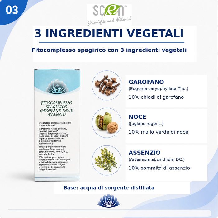 Scen-Fitocomplesso con estratti di Garofano-Noce-Assenzio per la parassitosi intestinale, senza alcool, preparazione spagirica
