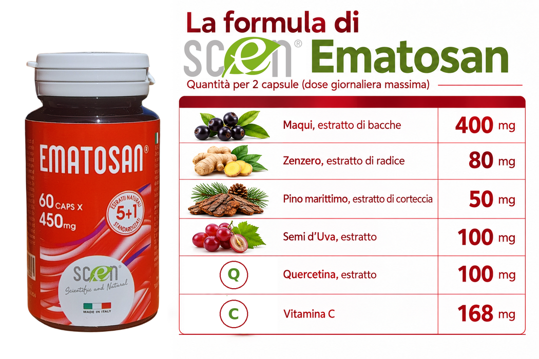 Ematosan - Scen - estratti NATURALI utili per favorire una ottimale circolazione sanguigna del microcircolo e venosa ed il supporto alla salute cardiovascolare