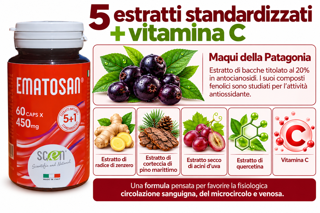 Ematosan - Scen - estratti NATURALI utili per favorire una ottimale circolazione sanguigna del microcircolo e venosa ed il supporto alla salute cardiovascolare