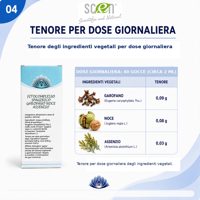 Scen-Fitocomplesso con estratti di Garofano-Noce-Assenzio per la parassitosi intestinale, senza alcool, preparazione spagirica
