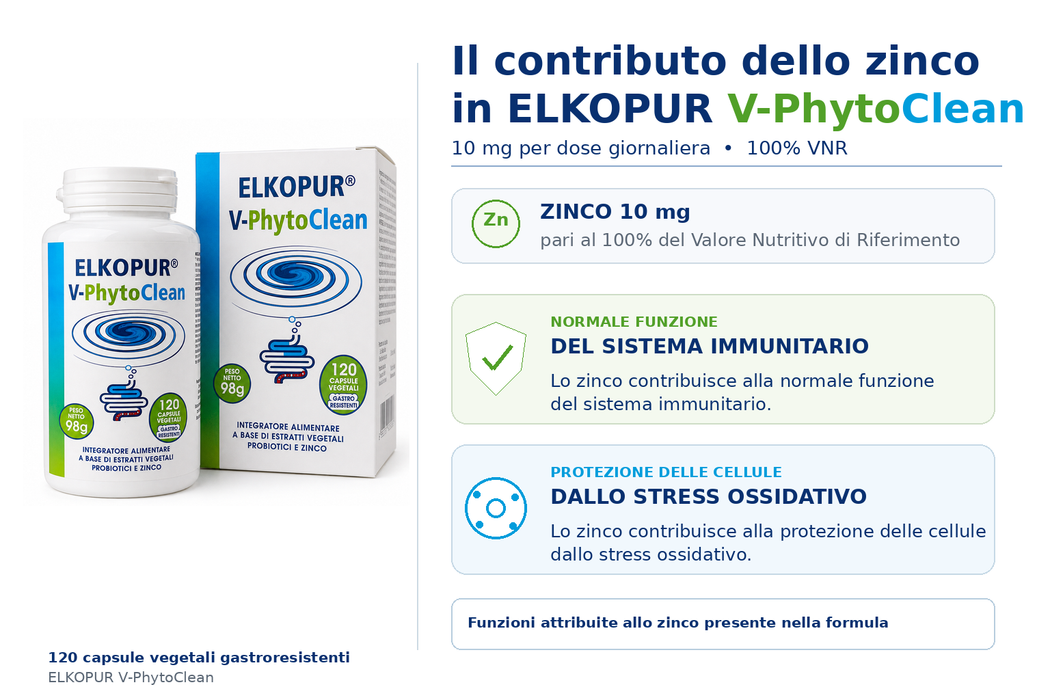 Elkopur V‑PhytoClean – Depurazione Intestinale Avanzata | Estratti Vegetali + Probiotici + Zinco