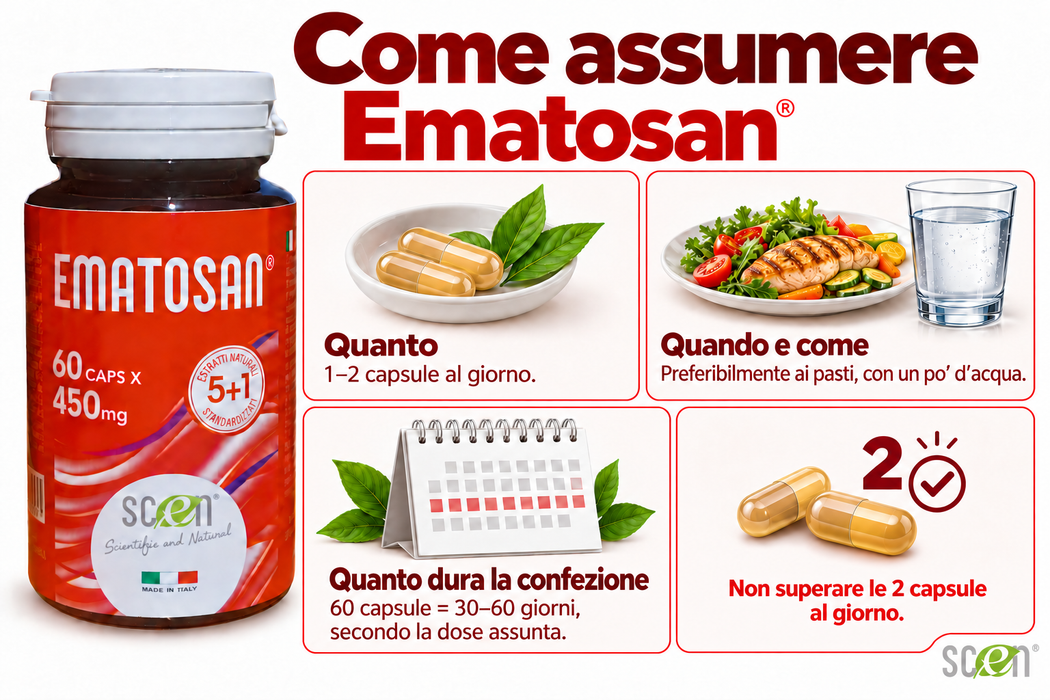 Ematosan - Scen - estratti NATURALI utili per favorire una ottimale circolazione sanguigna del microcircolo e venosa ed il supporto alla salute cardiovascolare