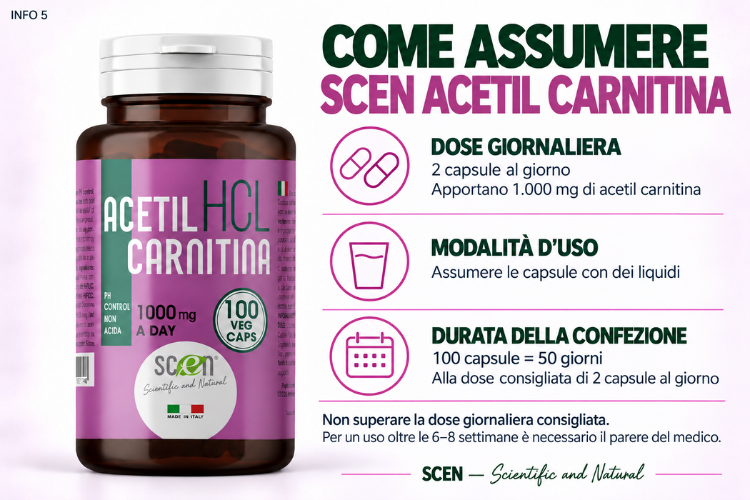 SCEN ACETILCARNITINA - HCL - 100 vegi-caps. da 500 mg. adatto anche a VEGANI