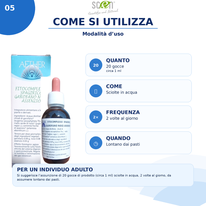 Scen-Fitocomplesso con estratti di Garofano-Noce-Assenzio per la parassitosi intestinale, senza alcool, preparazione spagirica