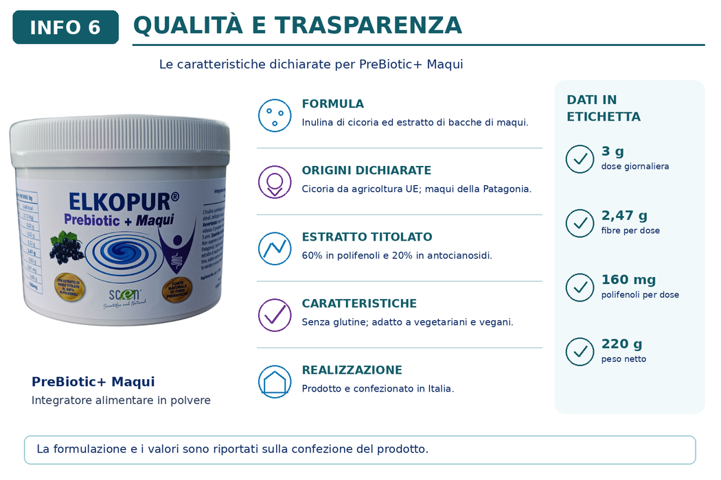 Elkopur PreBiotic + Maqui - integratore alimentare di Inulina polvere da cicoria con Maqui estratto, 220 grammi