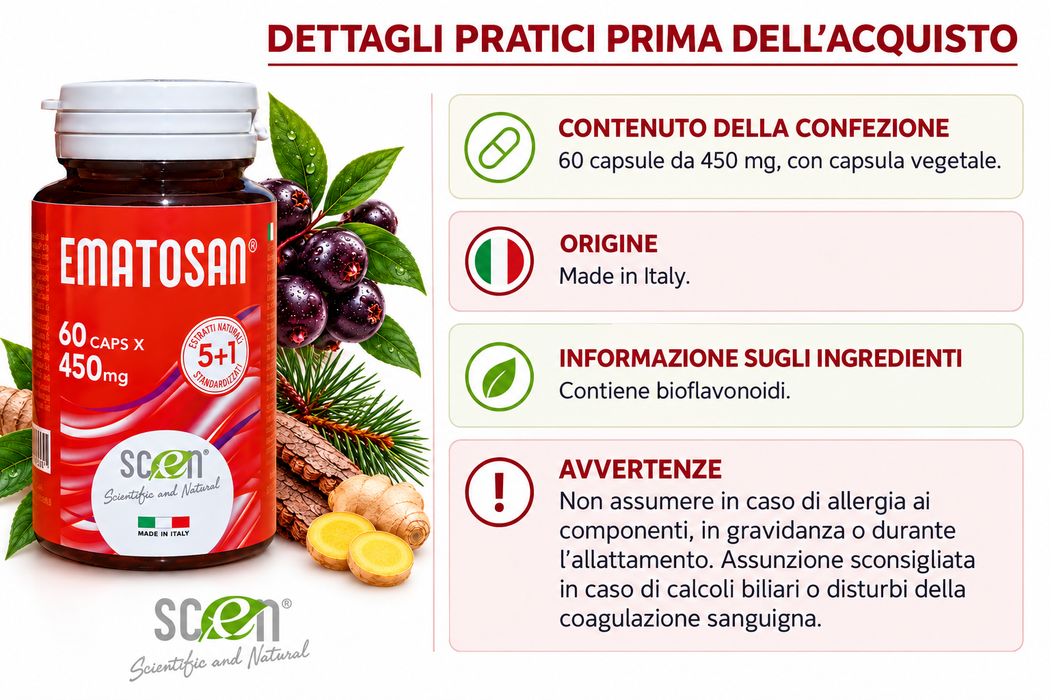 Ematosan - Scen - estratti NATURALI utili per favorire una ottimale circolazione sanguigna del microcircolo e venosa ed il supporto alla salute cardiovascolare