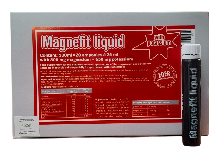 Magnefit liquid - Scen - Magnesio, Potassio e vitamina B6, liquido pronto da bere in ampulle.