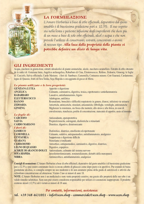 Amaro Herbarius - Elisir di Erbe - antica ricetta dei monaci a base di sole erbe officinali - 700 ml