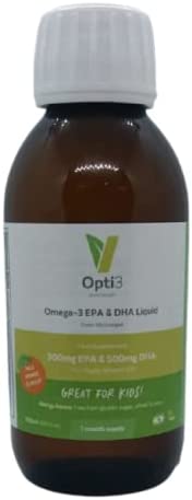 Opti3-liquid, liquido aromatizzato arancia pronto da bere, omega3 da alghe vegetali, 300mg EPA, 500mg DHA e 200 UI di Vitamina D3, 150 ml., senza retrogusto_1pz