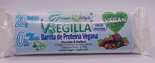 Vegilla - barretta Vegan Proteica 50 gr. - 40% di proteine del pisello e del riso – 100% Vegetale – senza Glutine, Soia, Lattosio, polialcoli - gusto lampone e nocciola ricoperte al cioccolato - SCEN