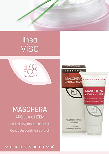 Maschera viso Argilla e Neem per pelle impura grassa lucida sensibile per una pulizia profonda e delicata, elimina le impurità ed eccesso di sebo - Verdesativa - Certificata Bio & Vegan Nickel tested