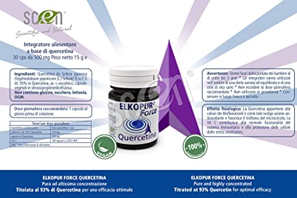 Elkopur Force Quercetina pura, 60 capsule da 500 mg. con 200 mg. di Quercetina titolata 93% in Quercetina, Vegetarian e Vegan ok, Rinforza il sistema immunitario, Antiossidante, prodotto in Italia