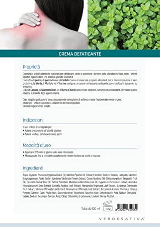 Crema Defaticante Piedi e Gambe BIO SPORT - Verdesativa - Bio e Vegan - favorisce il microcircolo - lenitiva e rinfrescante - testata dermatologicamente - priva di metalli pesanti