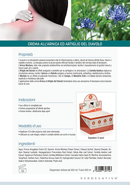 Crema all'ARNICA ed Artiglio del Diavolo (Iperico e Centella Asiatica) - Verdesativa - Bio e Vegan - Cruelty free - Nickel Tested