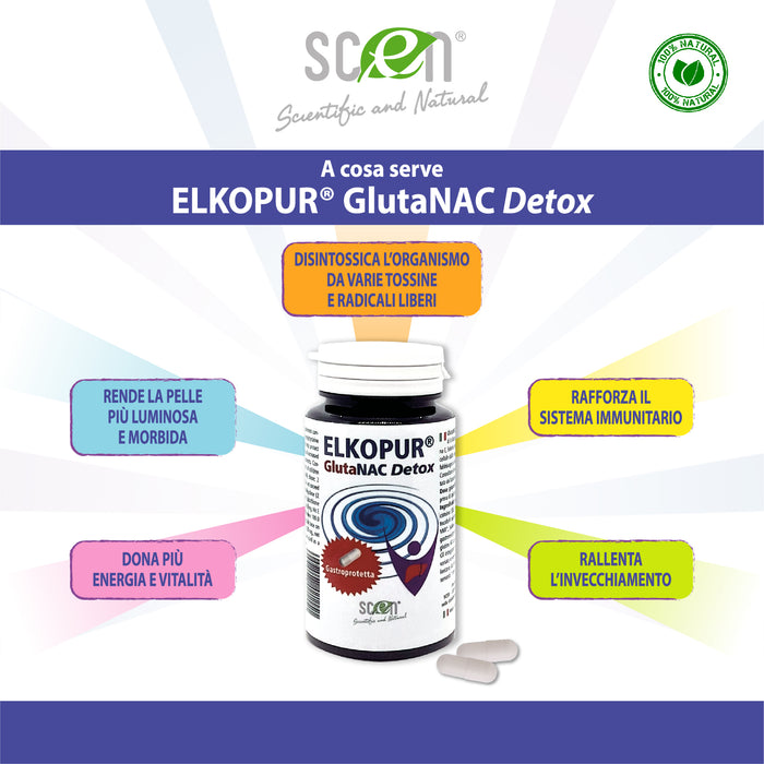 Elkopur® GlutaNAC Detox Forte - Integratore alimentare di L-Glutatione ridotto, N-Acetilcisteina (NAC), Vitamina E, Selenio, L-Glicina in Capsule gastroresistenti vegetali, prodotto in Italia