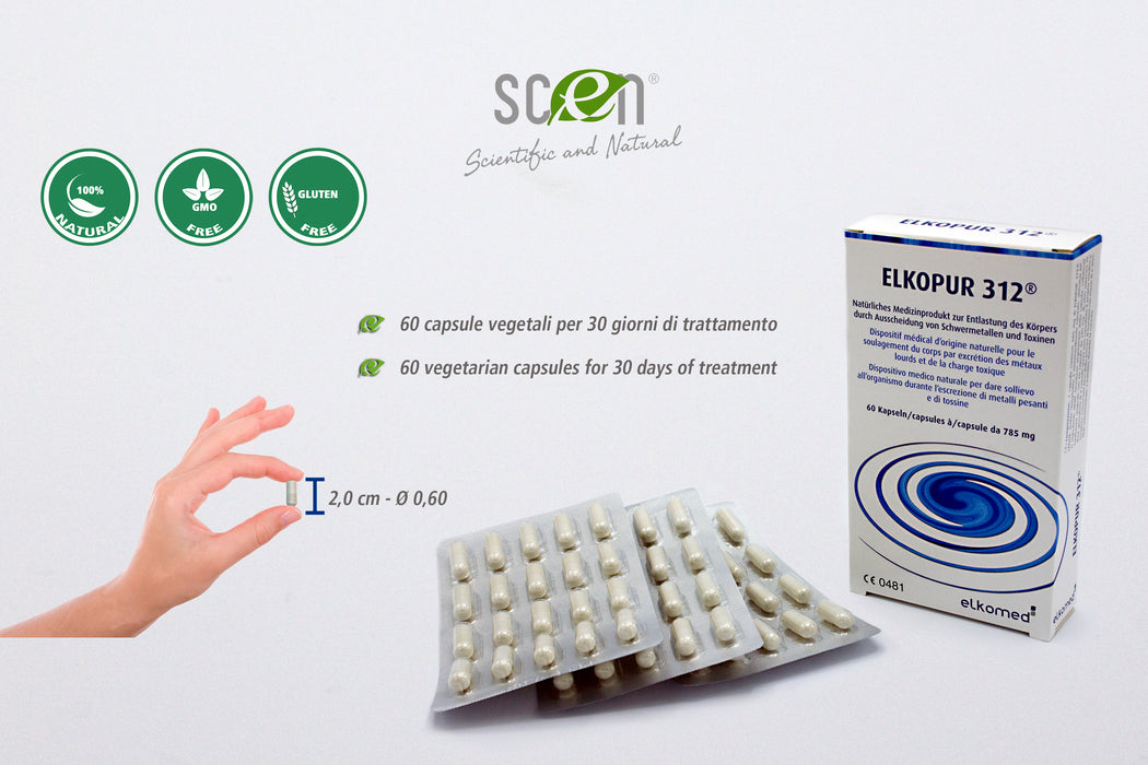 Elkopur 312 - Zeolite pura attivata - 60 capsule - 30 giorni di trattamento detox, Dispositivo medico classe 2a, Fiscalmente detraibile