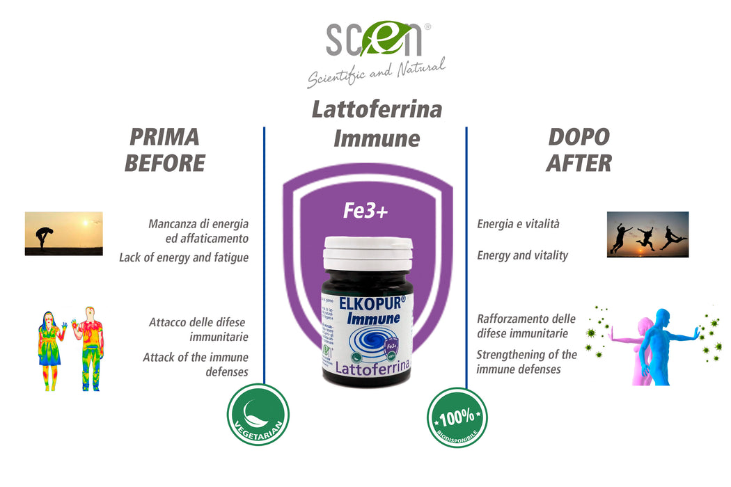 Elkopur Immune Lattoferrina pura, capsule da 500 mg. contenenti 200 mg. di Lattoferrina titolata 95%. NON utilizza caglio animale - vegetarian ok | Rinforza il sistema immunitario | Antiossidante, prodotto in Italia