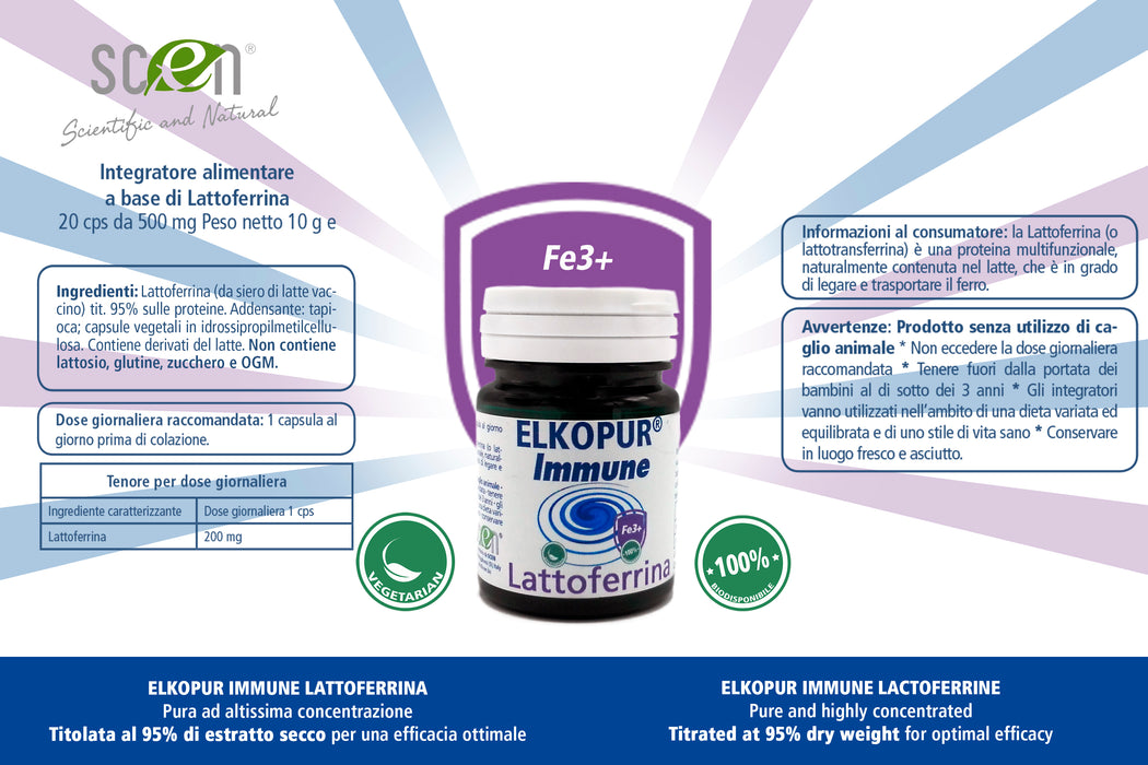 Elkopur Immune Lattoferrina pura, capsule da 500 mg. contenenti 200 mg. di Lattoferrina titolata 95%. NON utilizza caglio animale - vegetarian ok | Rinforza il sistema immunitario | Antiossidante, prodotto in Italia